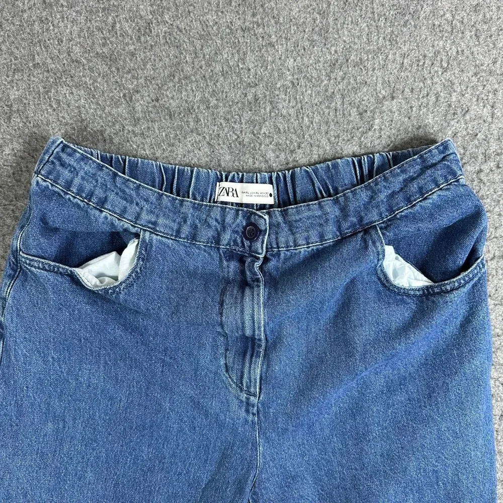 Zara Women XL Blue Denim Wide Leg Culottes High Rise Elastic Waist Cropped Pants